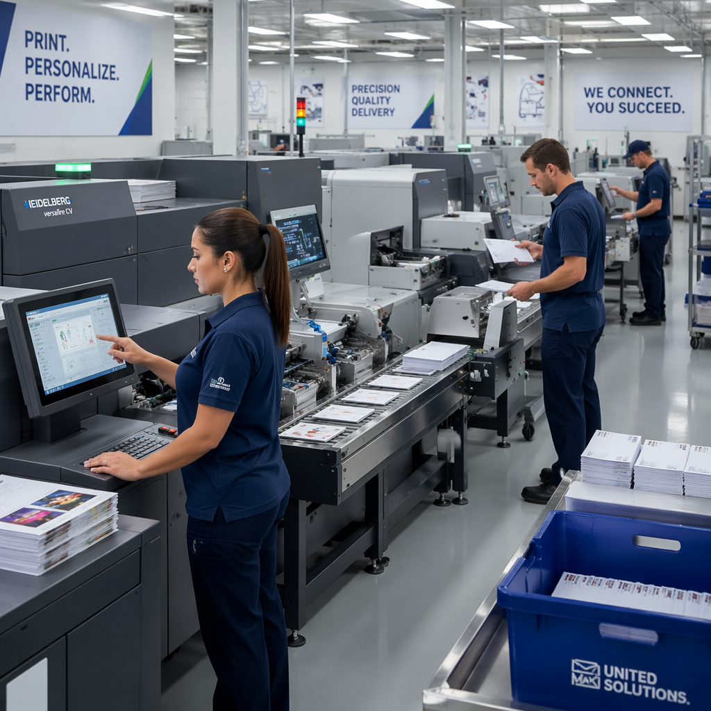 Professionals managing high-speed commercial printing equipment