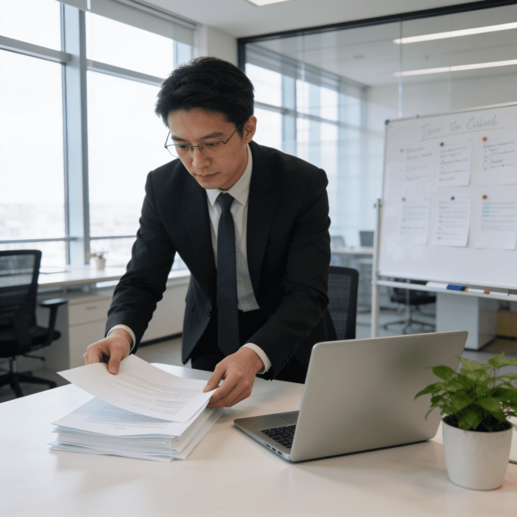 Business professional reviewing printed documents in an office